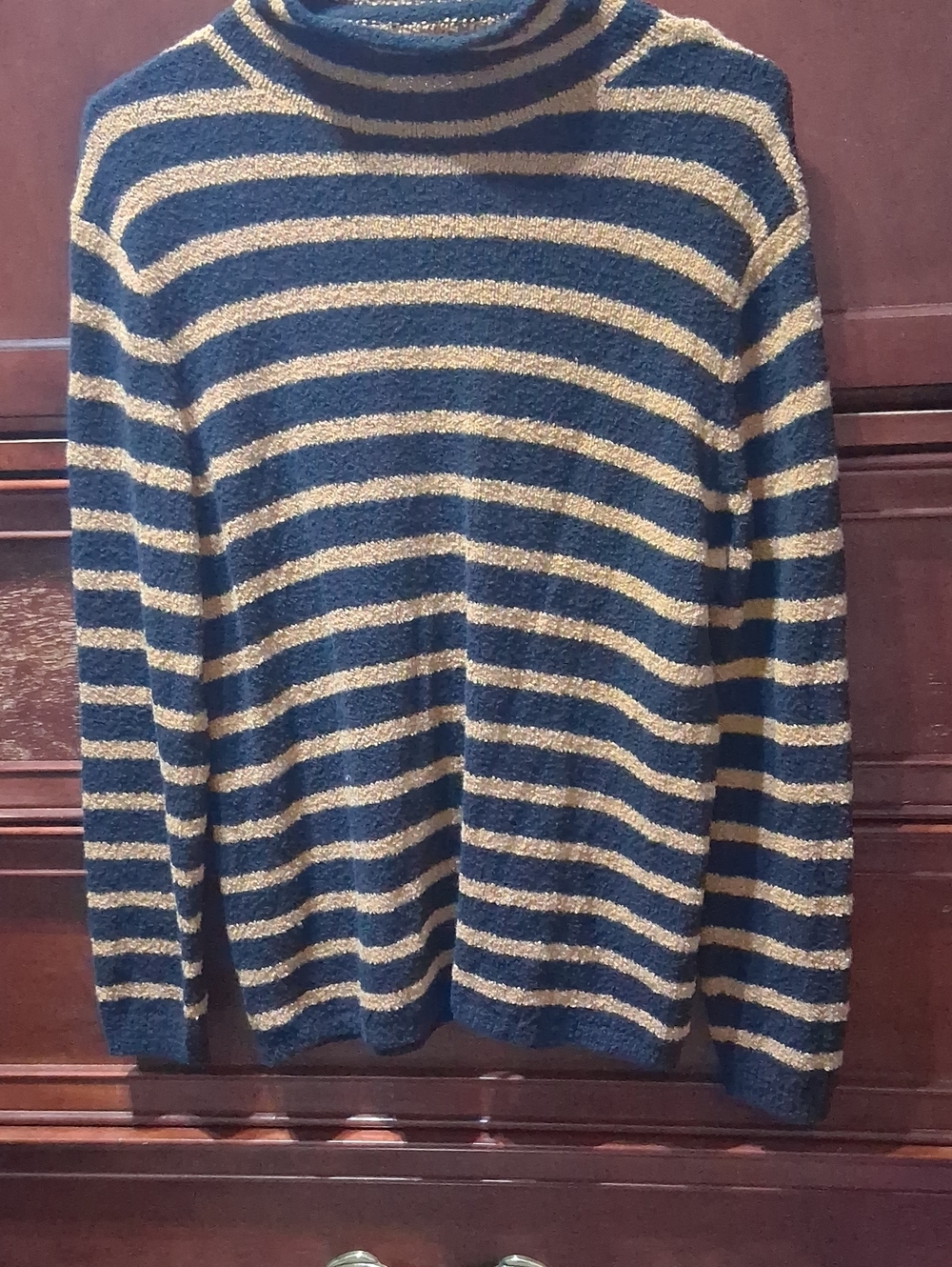 J. Crew Navy and Gold Striped Women’s Turtleneck Sweater